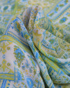 Tecido Crepe Chiffon Texturizado Muli Estampas Azul e Tons de Amarelo