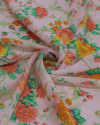 Tecido Crepe Chiffon Texturizado Campo Floral Verde, Laranja e Tons de Rosa