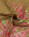 Tecido Crepe Chiffon Brocado Barrado Duplo Cashmere Floral Verde, Rosa e Capuccino