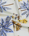 Tecido Viscose Acetinada Italiano Barrado Vertical e Folhas Azul, Amarelo e Offwhite