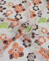 Tecido Crepe Chiffon Floral Laranja, Marrom, Verde e Offwhite