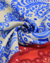 Tecido Linho Misto Italiano Barrado Macro Mandalas Vermelho, Azul e Creme