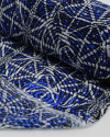 Tecido Crepe Chiffon Italiano Brocado Expirais e Linhas Abstratas Offwhite e Tons de Azul