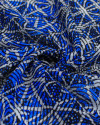 Tecido Crepe Chiffon Italiano Brocado Expirais e Linhas Abstratas Offwhite e Tons de Azul