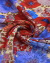Tecido Crepe Silk Fino Italiano Campo de Flores Azul, Vermelho e Creme