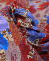 Tecido Crepe Silk Fino Italiano Campo de Flores Azul, Vermelho e Creme