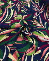 Tecido Viscose Macro Folhagens Colorido e Azul Marinho
