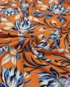 Tecido Viscose Macro Flor de Lótus Azul Marinho e Laranja