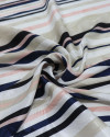 Tecido Crepe Silk Brocado Floral e Listras Azul Marinho e Bege