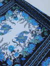 Tecido Crepe Silk Italiano Flores e Pavão Barrado Tons de Azul