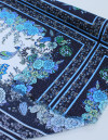 Tecido Crepe Silk Italiano Flores e Pavão Barrado Tons de Azul