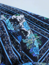 Tecido Crepe Silk Italiano Flores e Pavão Barrado Tons de Azul