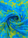 Tecido Crepe Chiffon Flores Abstratas Verde e Azul