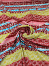 Tecido Viscose Listrado Étnico Vinho, Amarelo e Rosa