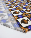 Tecido Viscose Italiano Vasos Antigo e Geométricos Azul e Terracota