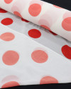 Tecido Crepe Chiffon Macro Poá Vermelho e Branco com Micro Pássaros