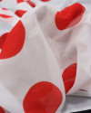 Tecido Crepe Chiffon Macro Poá Vermelho e Branco com Micro Pássaros