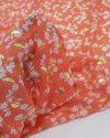 Tecido Crepe Chiffon Toque de Seda com Foil Floral Branco e Coral