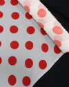 Tecido Crepe Chiffon Macro Poá Vermelho e Branco com Micro Pássaros